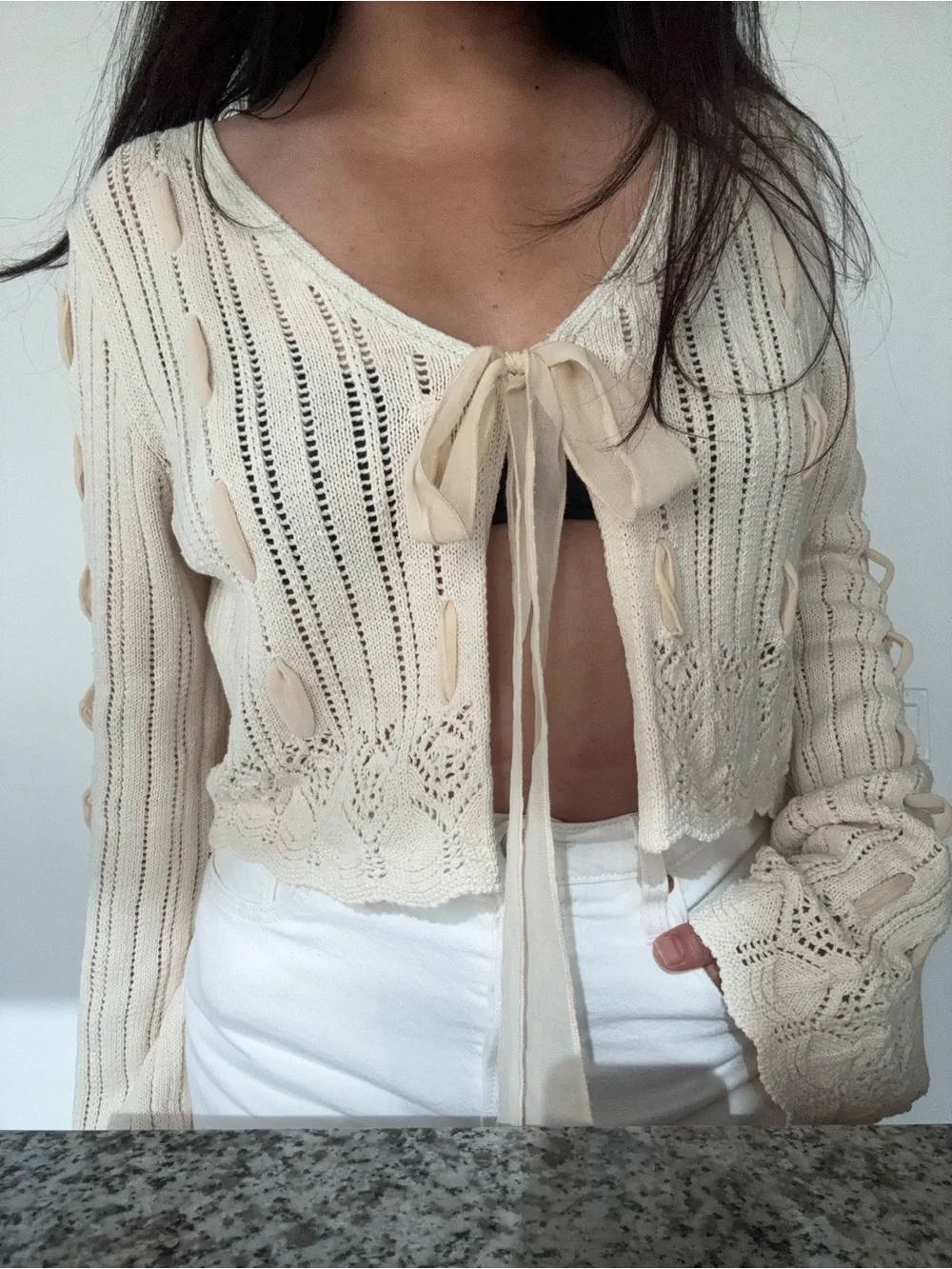 Zara Cream Crochet Tie-Front Crop Top